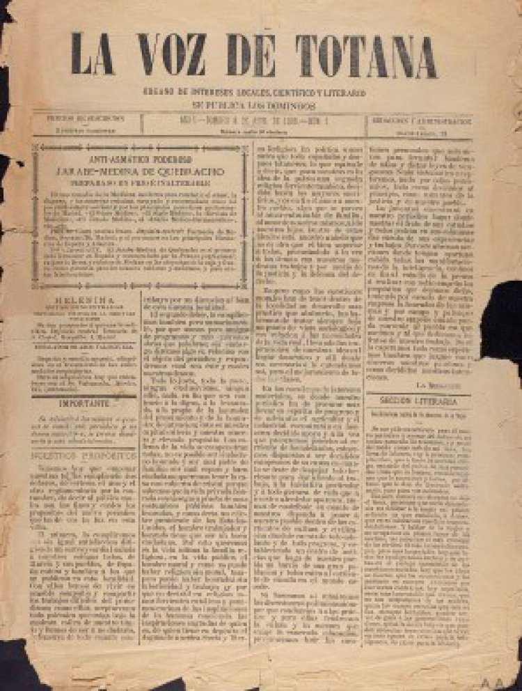 Un recorrido por la prensa local de finales del siglo XIX.  La Voz de Totana en su edición de 8 de abril de 1888.    Por Juan Cánovas Mulero