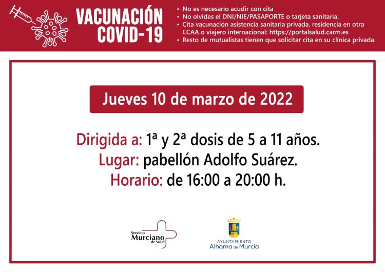 ALHAMA: Este jueves, los niños/as de 5 a 11 años recibirán primeras y segundas dosis de la vacuna contra la Covid-19 en el pabellón Adolfo Suárez, de 16:00 a 20:00 h.