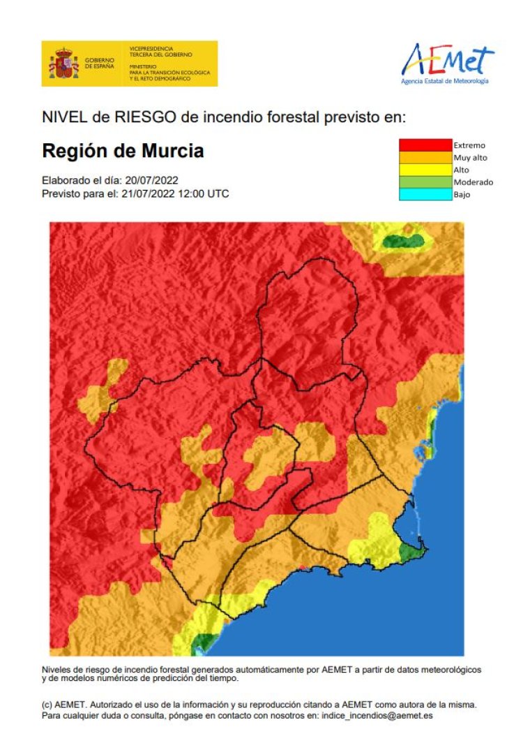 El nivel de riesgo de incendio forestal previsto para hoy jueves es extremo o muy alto en toda la Región