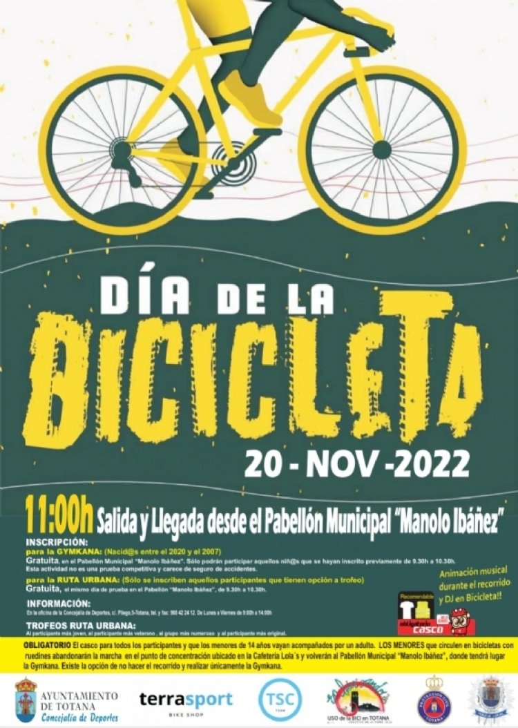 El Día de la Bicicleta de Totana se celebrará este domingo 20 de noviembre con salida en el Pabellón de Deportes “Manuel Ibáñez”