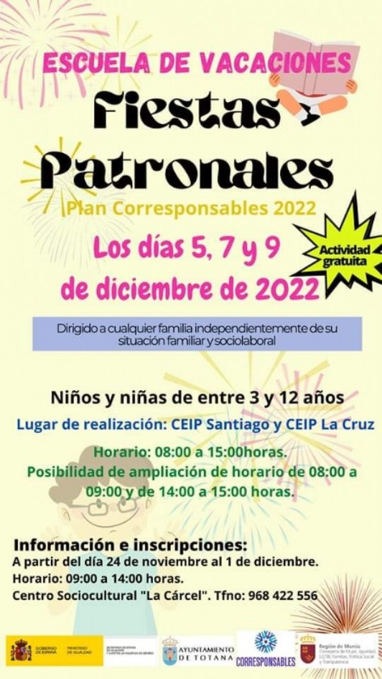 Abierto desde hoy el plazo de inscripción para la Escuela de Vacaciones de las fiestas patronales, que tendrá lugar los días 5, 7 y 9 de diciembre en los colegios La Cruz y Santiago