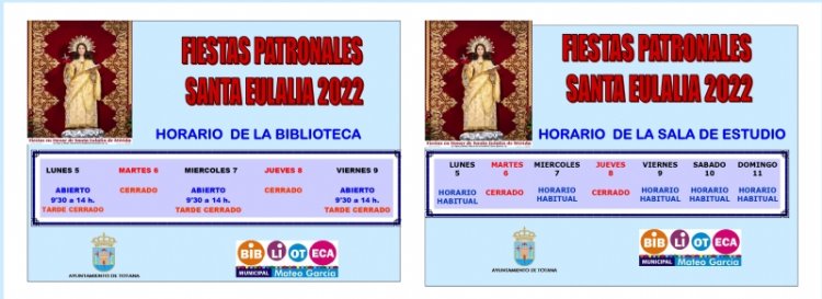 Se modifica el horario de la Biblioteca Municipal "Mateo García" y de la Sala de Estudio con motivo de las fiestas patronales de Santa Eulalia