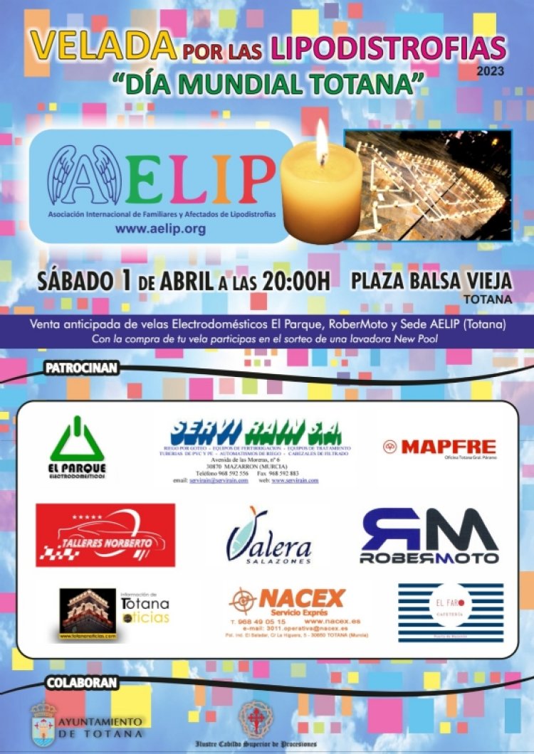 AELIP organiza la Velada por las Lipodistrofias el sábado 1 de abril (20:00 horas), en la plaza de la Balsa Vieja, con la colaboración del Ilustre Cabildo Superior de Procesiones
