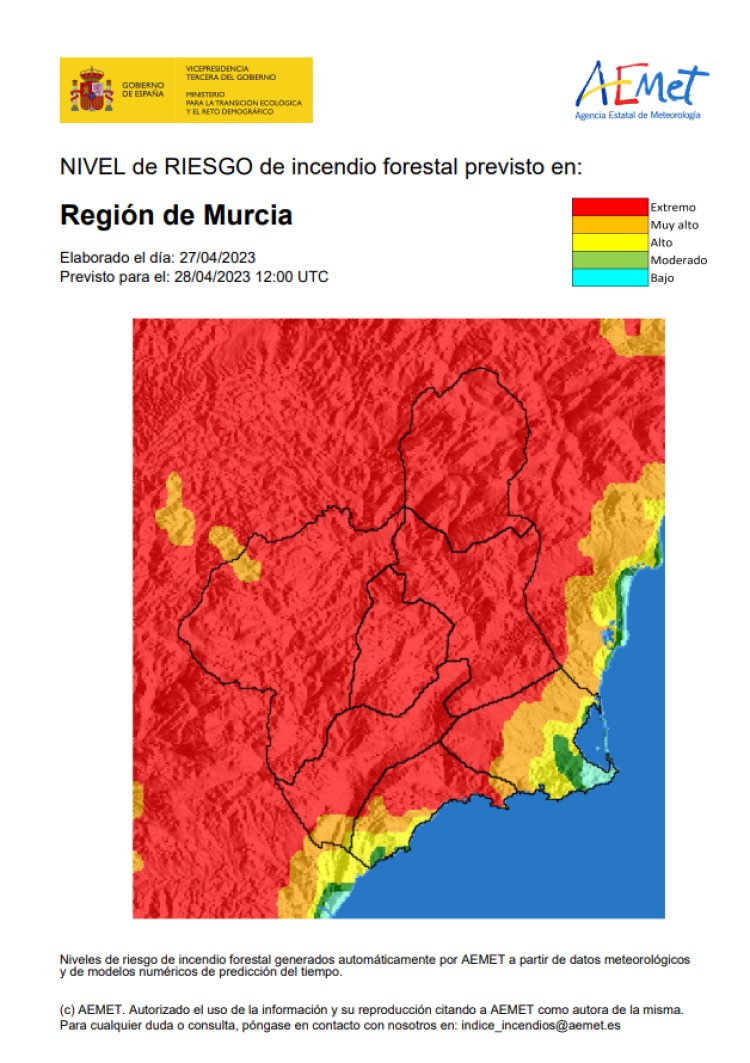 El nivel de riesgo de incendio forestal previsto para hoy viernes es extremo o muy alto en toda la Región