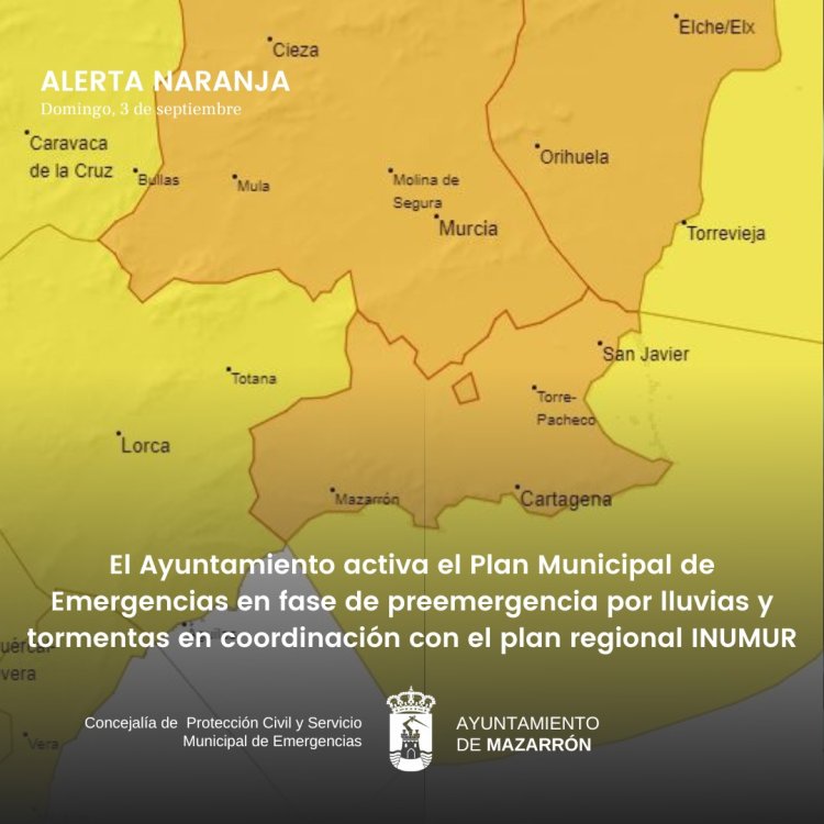 AVISO NARANJA.  El Ayuntamiento activa el Plan Municipal de Emergencias en fase de preemergencia por lluvias y tormentas en coordinación con el plan regional INUMUR