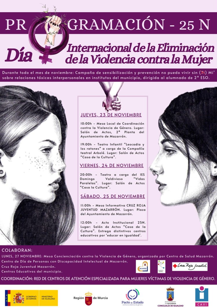 Mazarrón contra la violencia de género: actividades para reivindicar el Día Internacional de la Eliminación de la Violencia contra la Mujer.